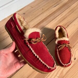 LL Bean Wicked Good Moccasins Red Suede Shearling Lined Comfort Slipper Womens